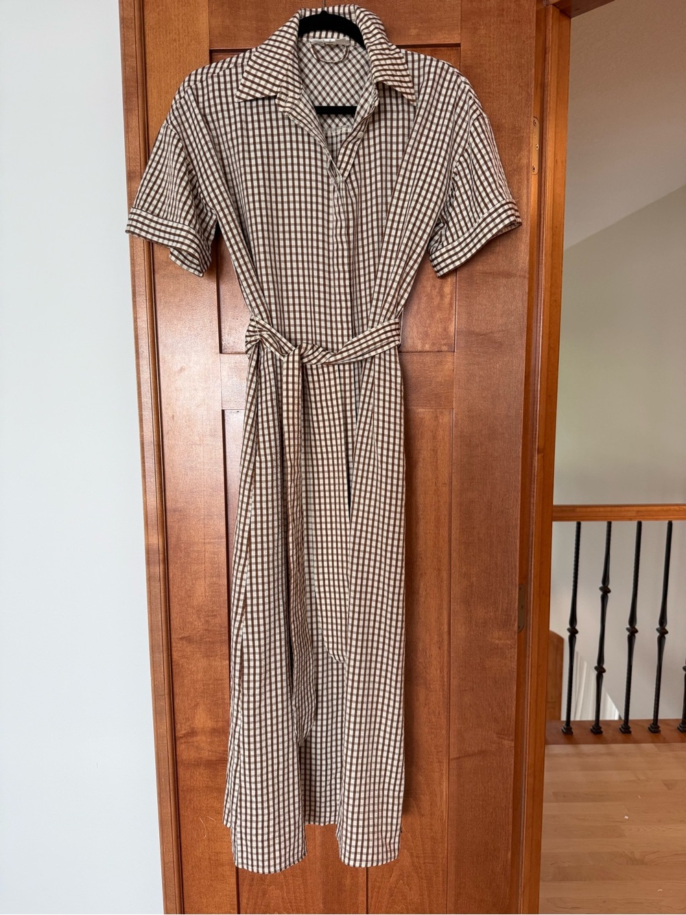 Pomander Place Brown and White Checked Midi Shirt Dress with Tie Waist